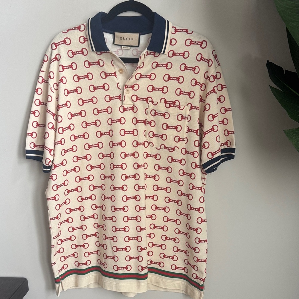 Gucci Men's Polo Shirt Red and Cream Horsebit Design